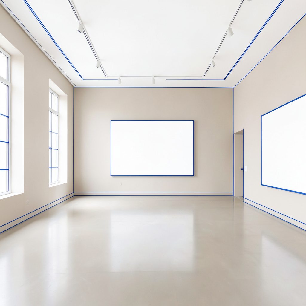A calm, expansive museum gallery interior with soft natural light, neutral beige walls, and a quiet contemplative atmosphere